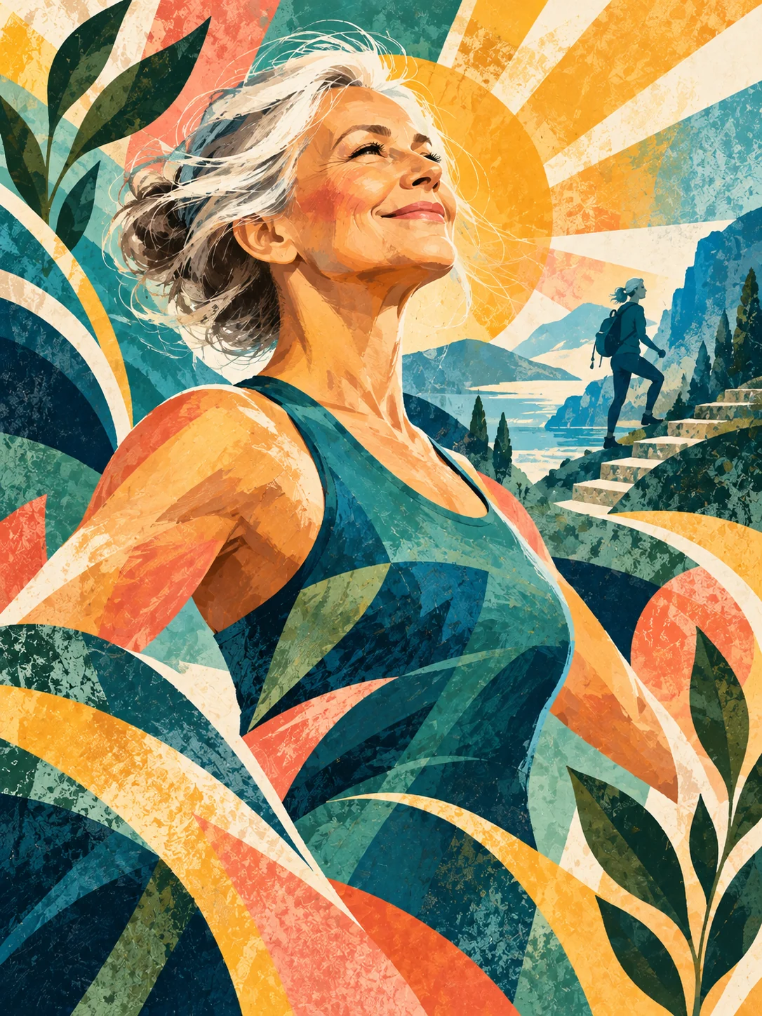 Vibrant abstract illustration of an older woman with silver hair, radiating sunlight and a walker among colorful shapes